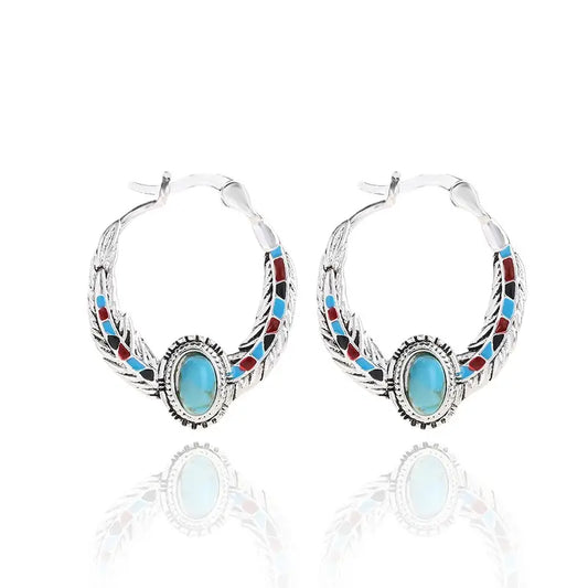 Vintage Style Turquoise Eagle Feather Dangle Hoop Earrings