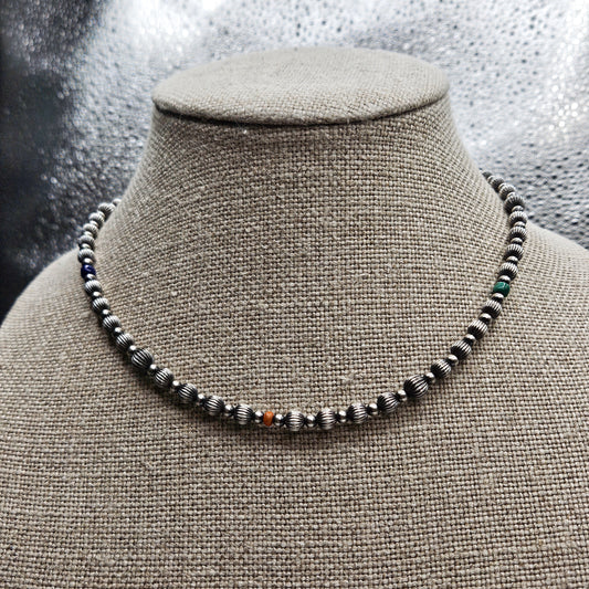 Navajo silver bead and natural gemstone necklace