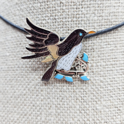 Zuni Turquoise Inlay Magpie Silver Pendant/Brooch.