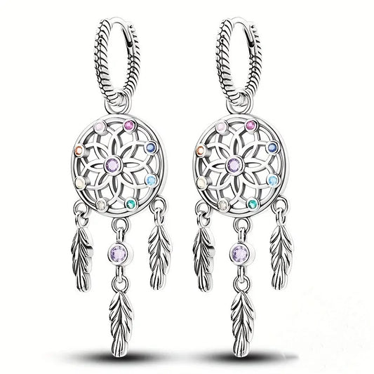 .925 Sterling Silver Dream Catcher Dangle Earrings