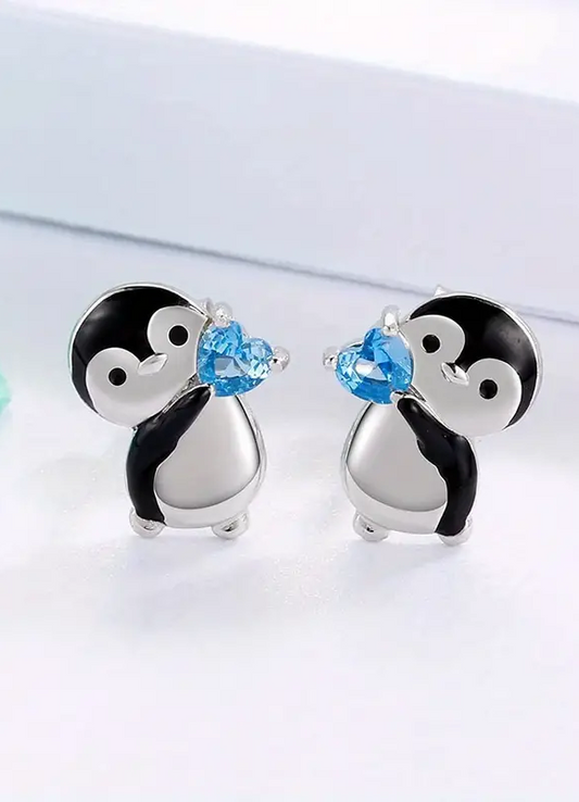 Penguin Stud Earrings with blue crystal hearts