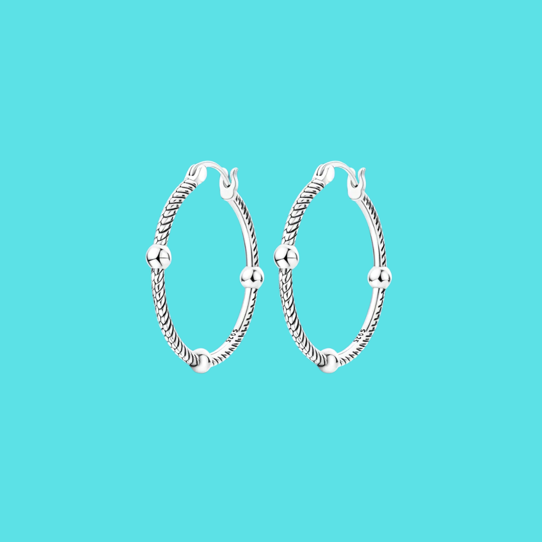 Silver Bead and Snake Skin Pattern Silver Hoop Earrings