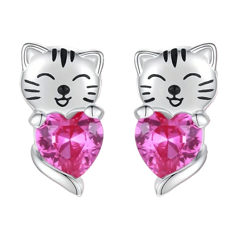 Cute Kitten With Pink Heart Stud Earrings