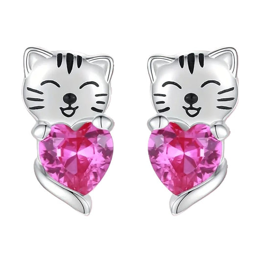 Cute Kitten With Pink Heart Stud Earrings