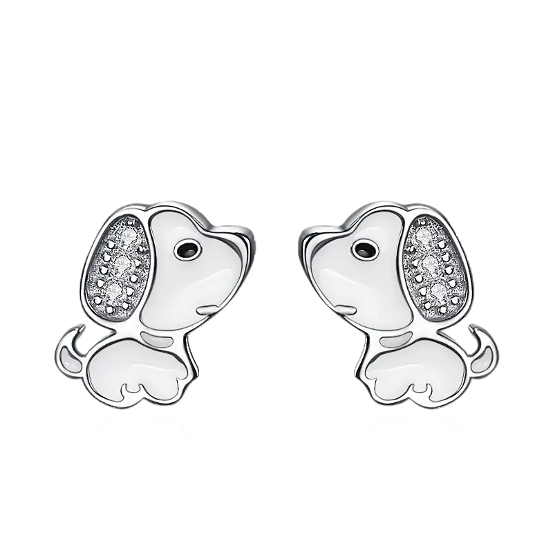 Enameled White Puppy Stud Earrings