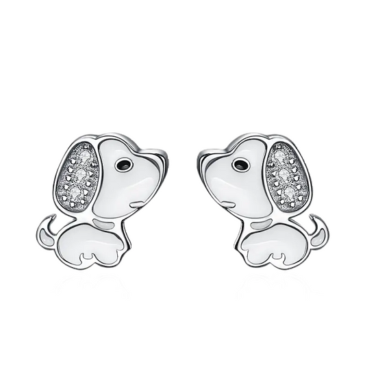 Enameled White Puppy Stud Earrings