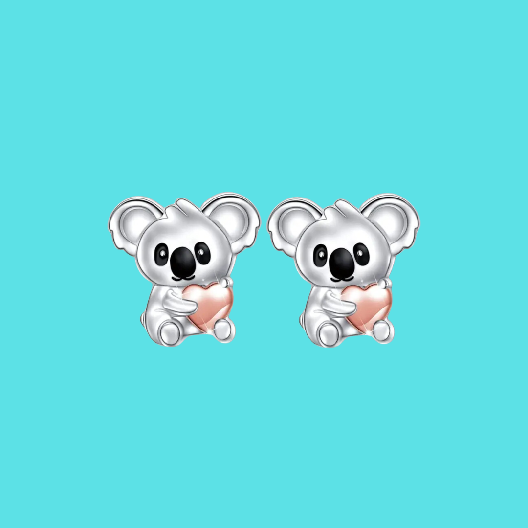 Koala Holding a Pink Heart Stud Earrings