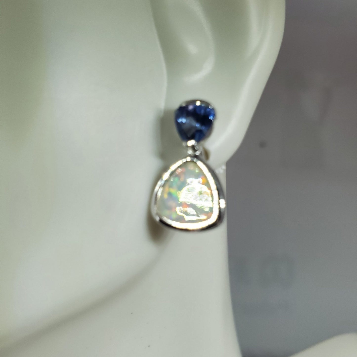 Trillion Shape White Opal and Tanzanite accented Sterling Silver Pendant