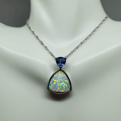 Trillion Shape White Opal and Tanzanite accented Sterling Silver Pendant