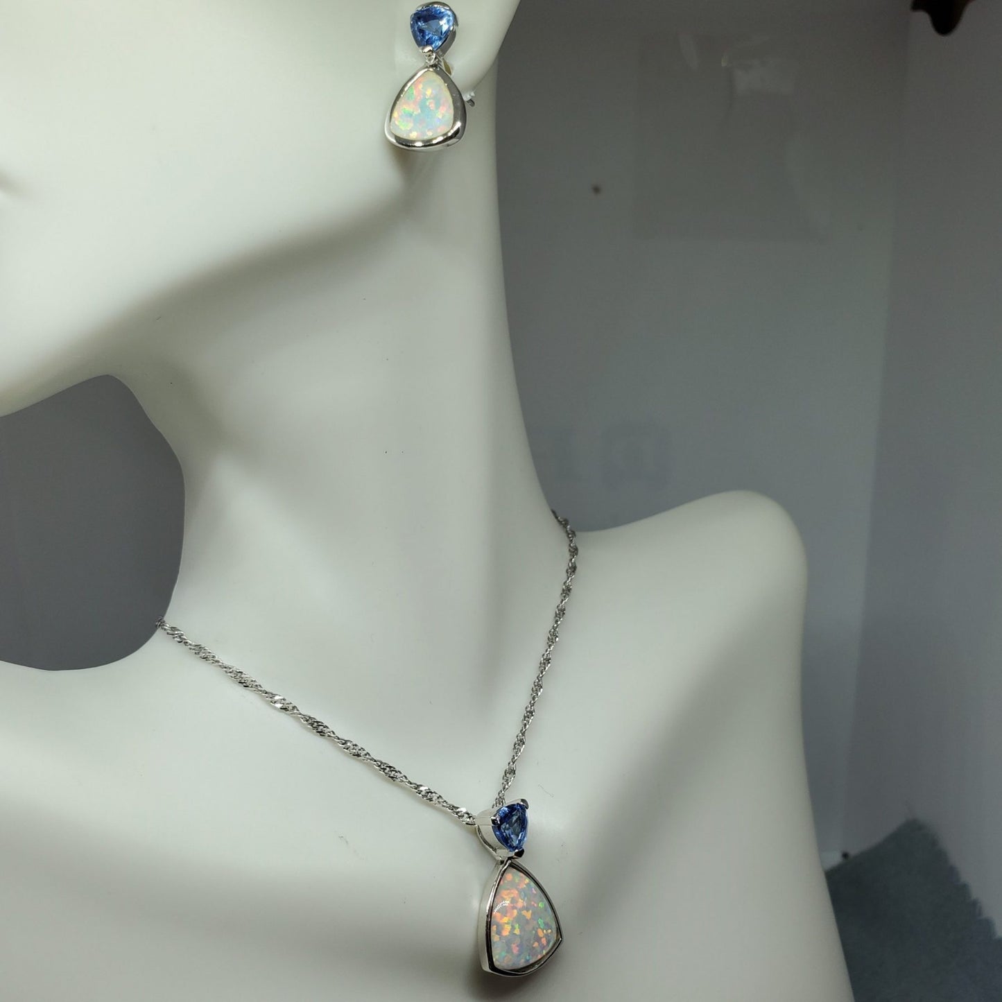 Trillion Shape White Opal and Tanzanite accented Sterling Silver Pendant