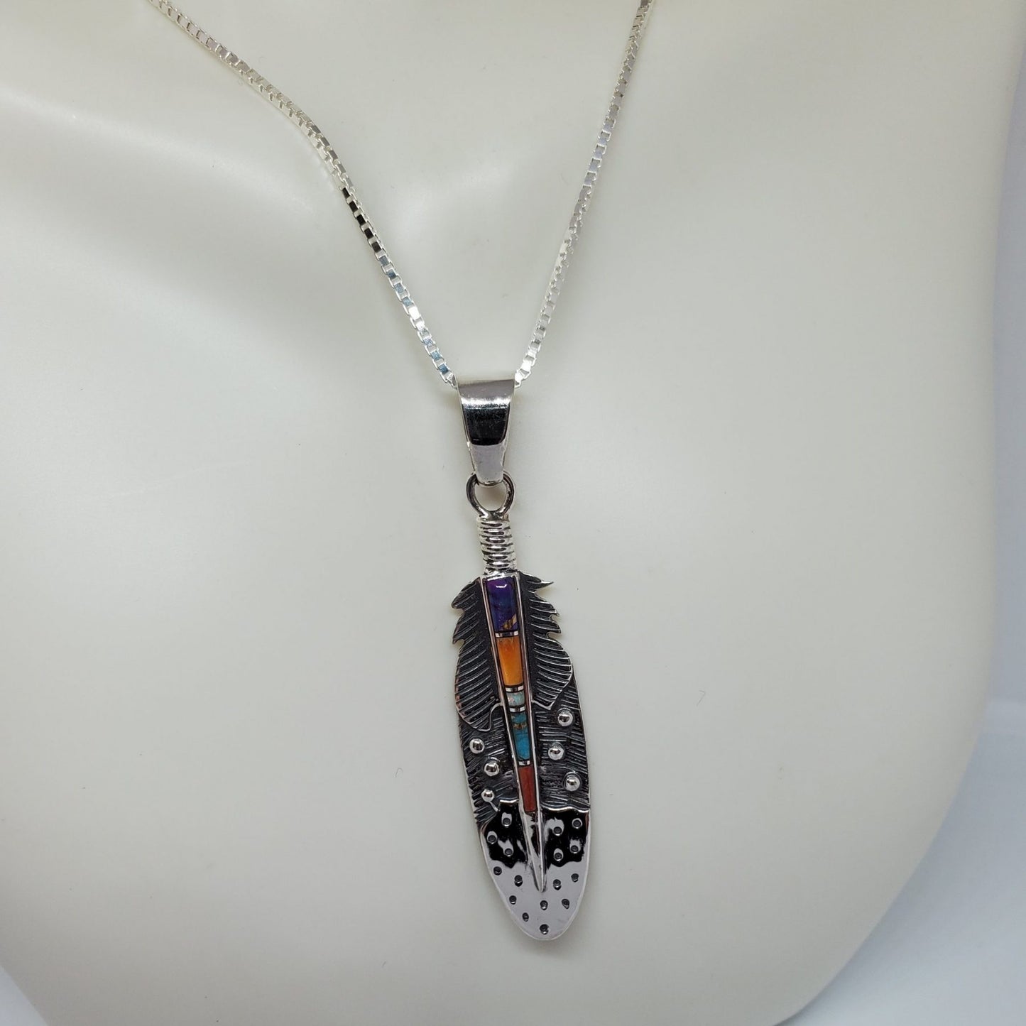 Multi Gemstone Sterling Silver Feather Pendant