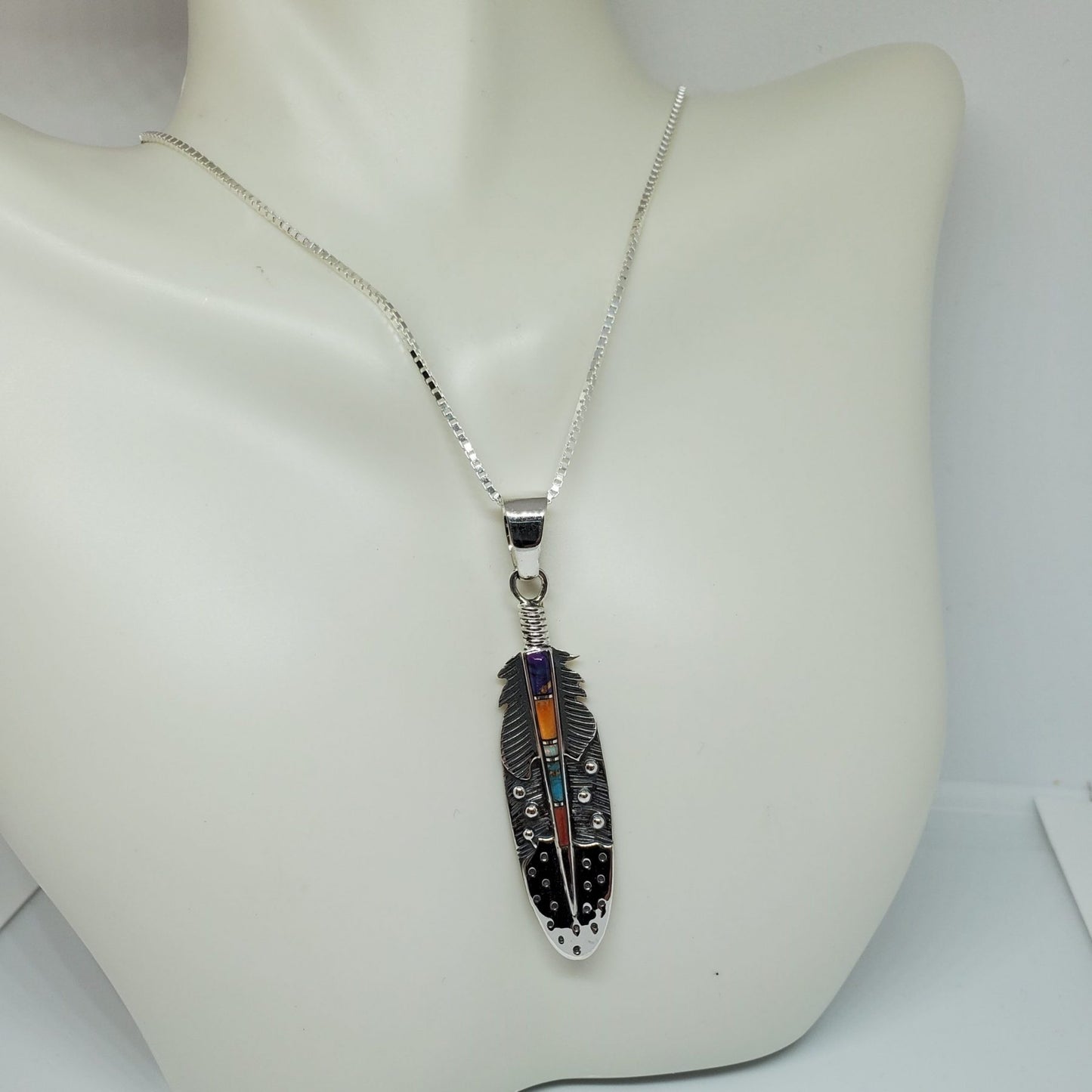 Multi Gemstone Sterling Silver Feather Pendant