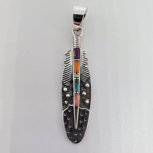 Multi Gemstone Sterling Silver Feather Pendant