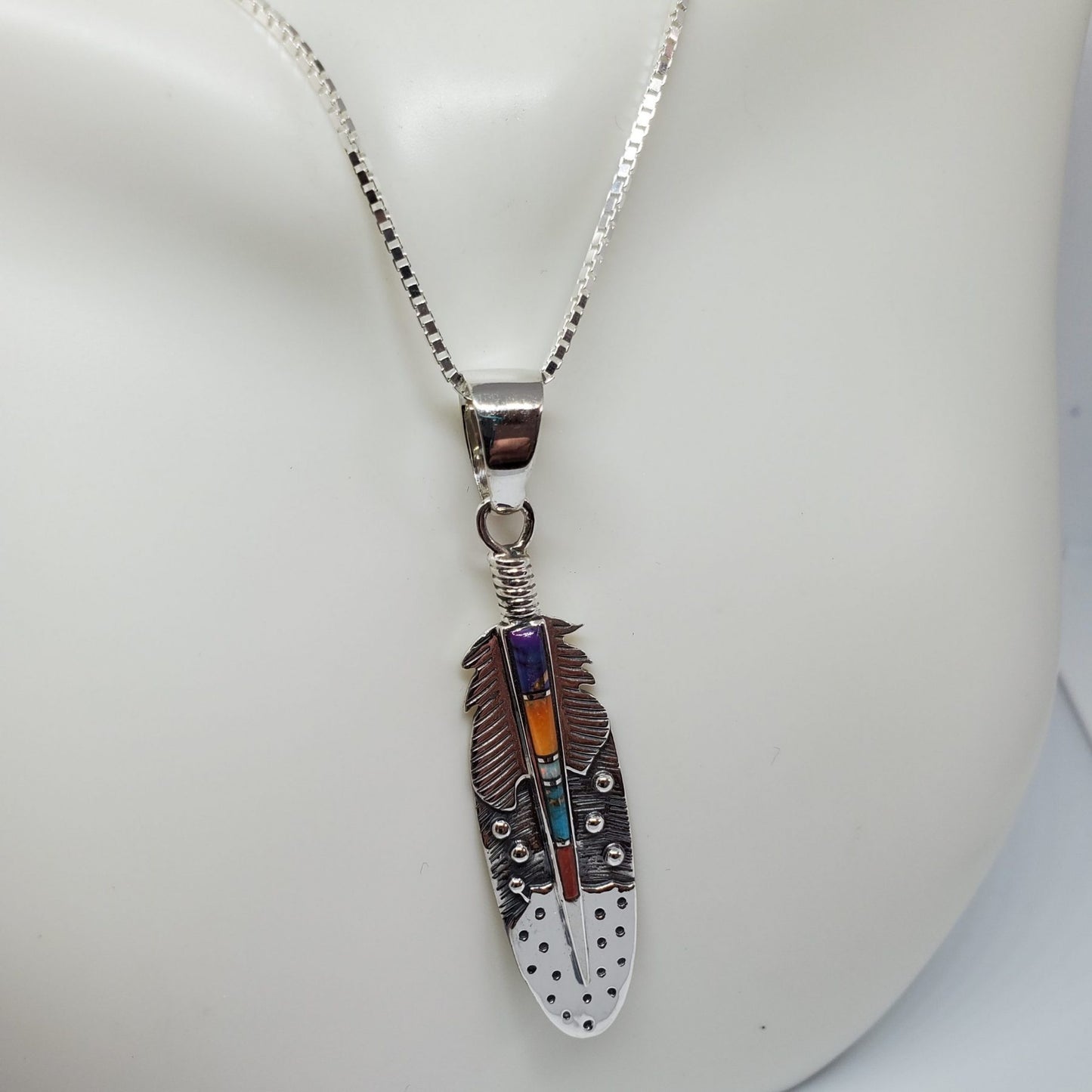 Multi Gemstone Sterling Silver Feather Pendant