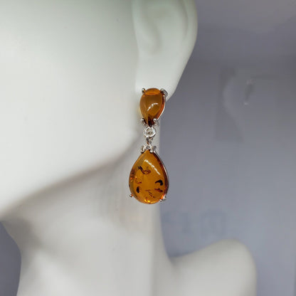 Honey Amber Double Teardrop Earrings in Sterling Silver