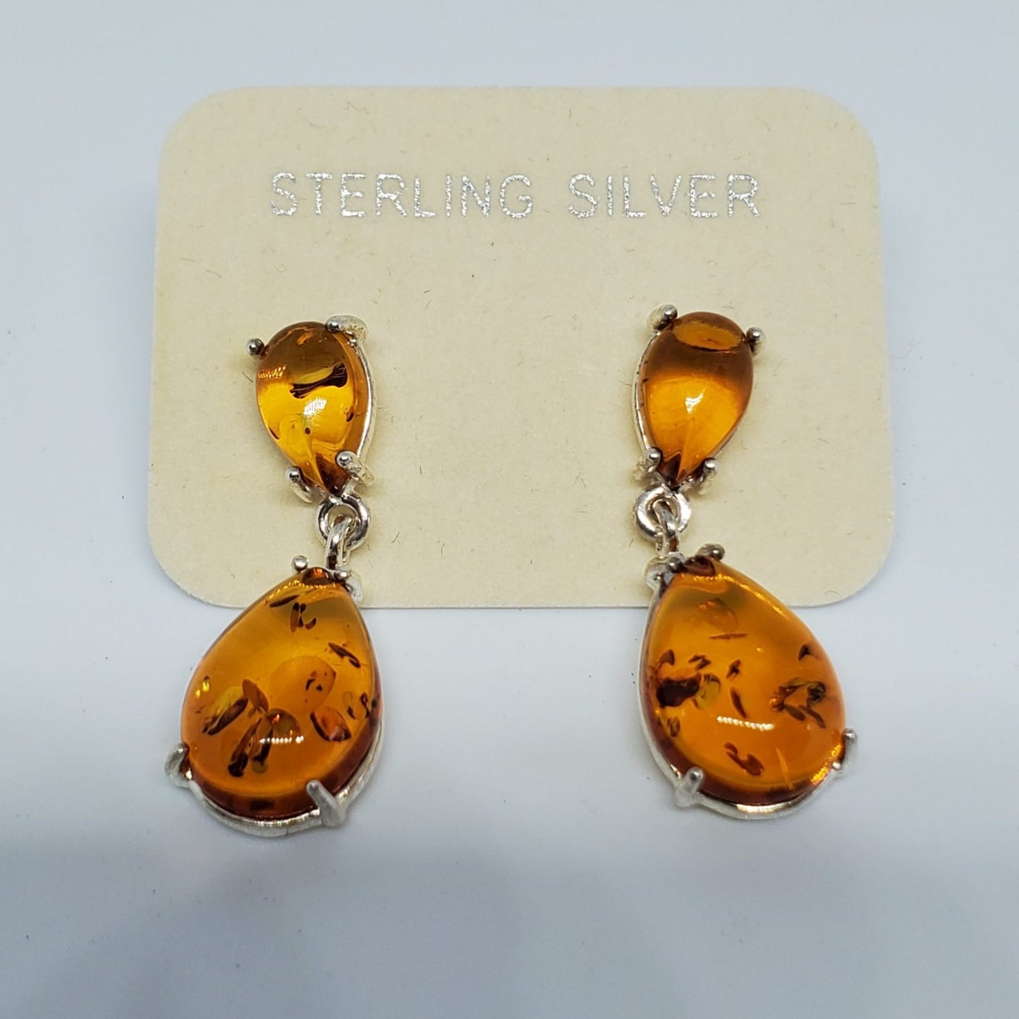 Honey Amber Double Teardrop Earrings in Sterling Silver