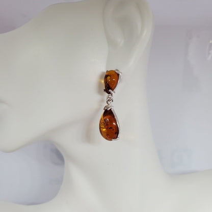 Honey Amber Double Teardrop Earrings in Sterling Silver