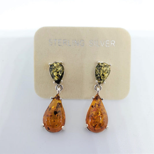 Multi Color Amber Double Drop Teardrop Earrings in Sterling Silver