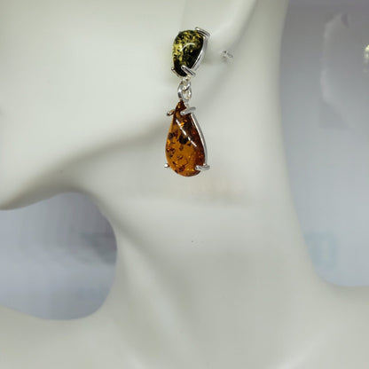 Multi Color Amber Double Drop Teardrop Earrings in Sterling Silver