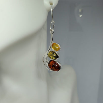 Multi-Color Amber Three Oval Earrings in Sterling Silver