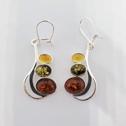 Multi-Color Amber Three Oval Earrings in Sterling Silver