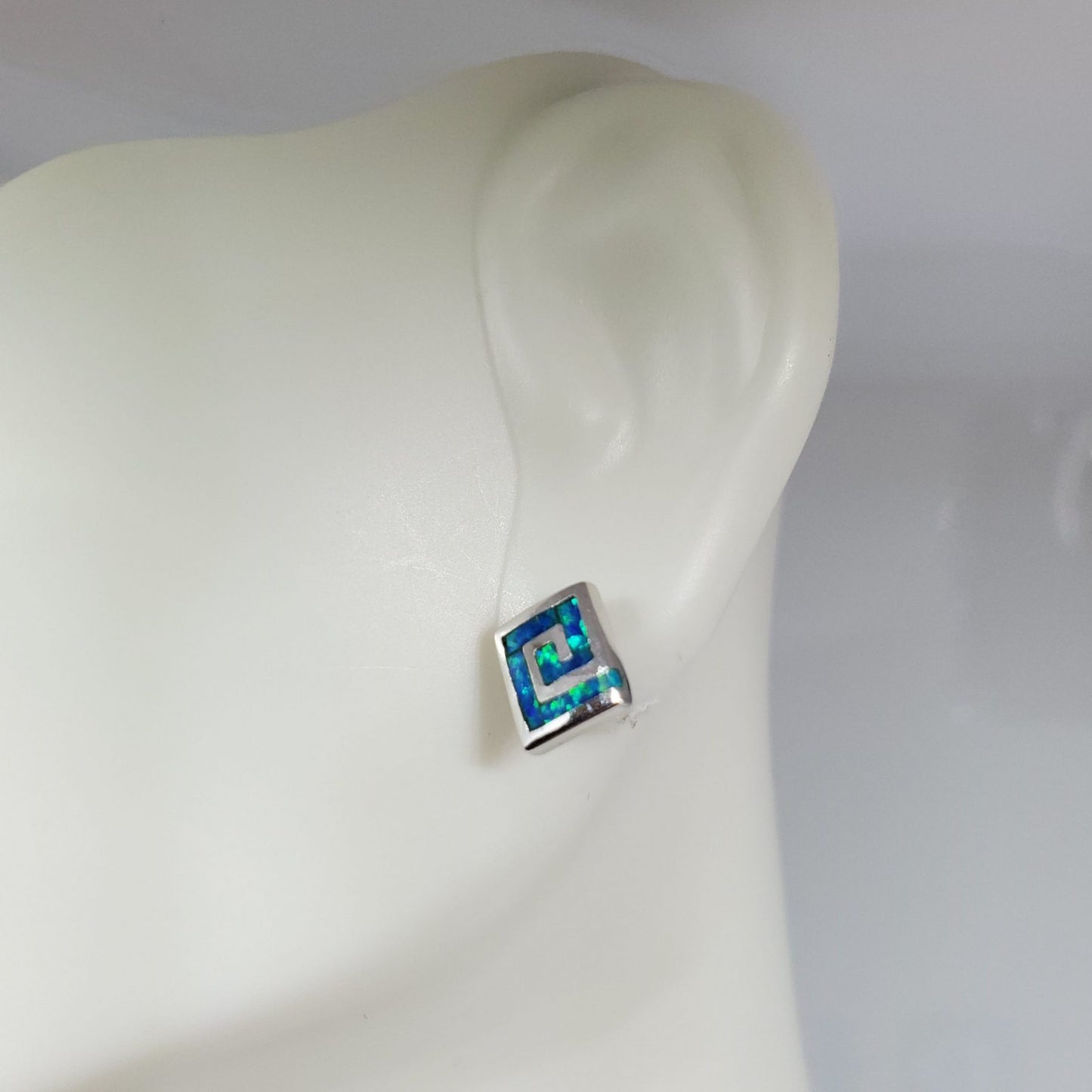 Square Blue Opal Swirl Stud Earrings.