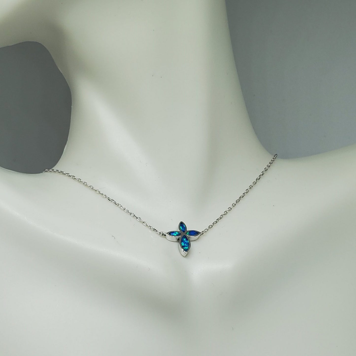 Delicate Blue Opal Cross Necklace