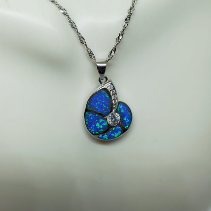 Blue Opal and Cz Snail Shell .925 Sterling Silver Pendant.