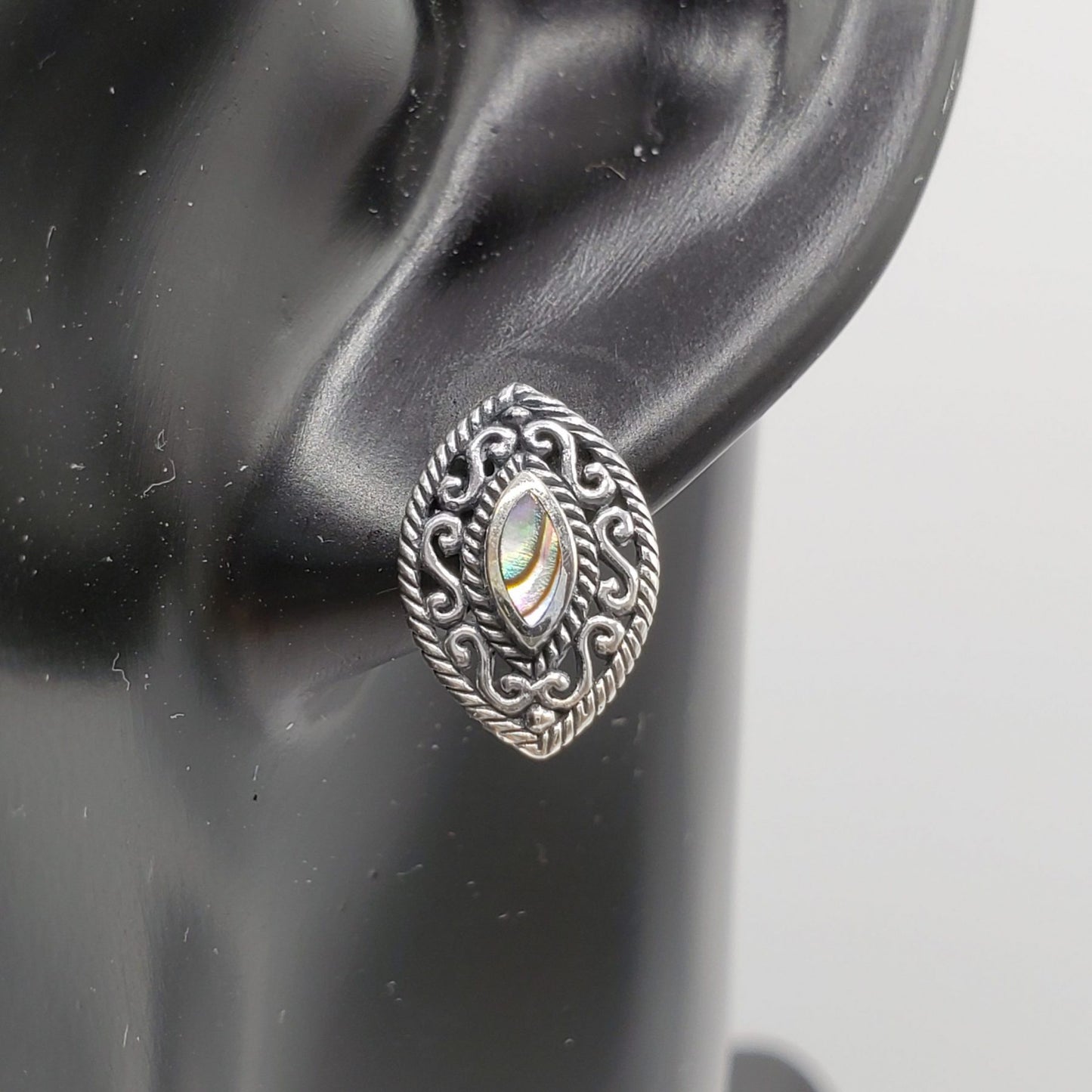 Delicate Abalone Marquise Filigree Sterling Silver Earring Stud