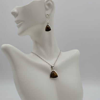 Tiger Eye Trillion shaped pendant with matching earrings gift set