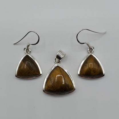 Tiger Eye Trillion shaped pendant with matching earrings gift set