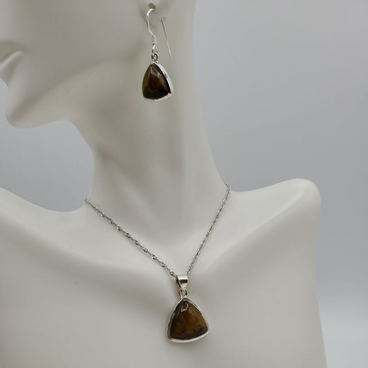 Tiger Eye Trillion shaped pendant with matching earrings gift set