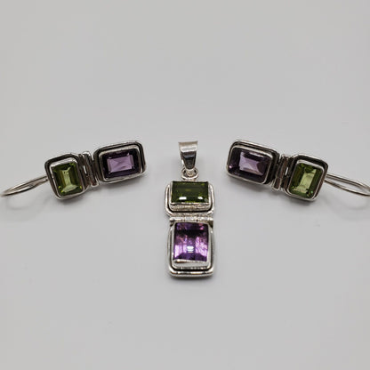 Sterling Silver Peridot and Amethyst pendant/earring gift set