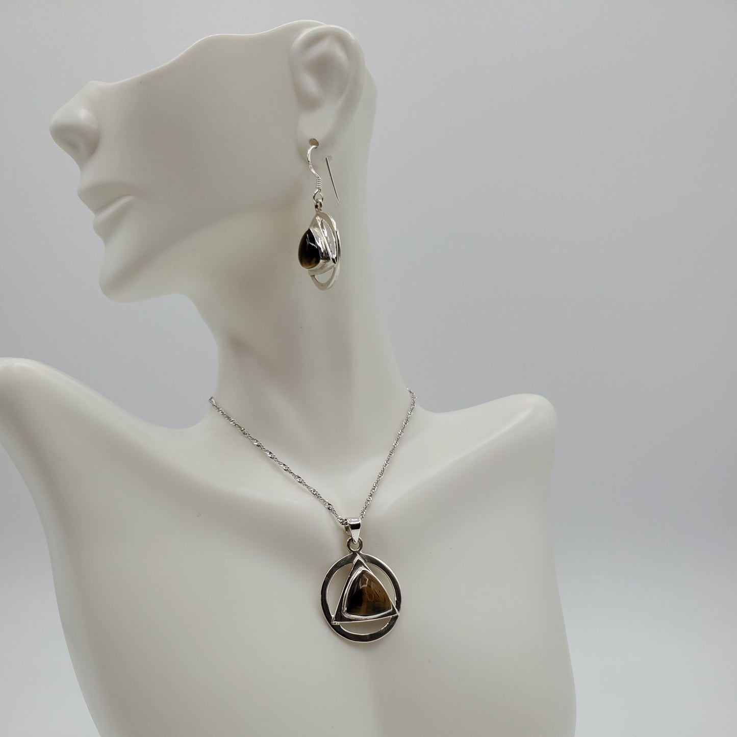 Sterling Silver tiger's eye set in geometric shaped silver frame