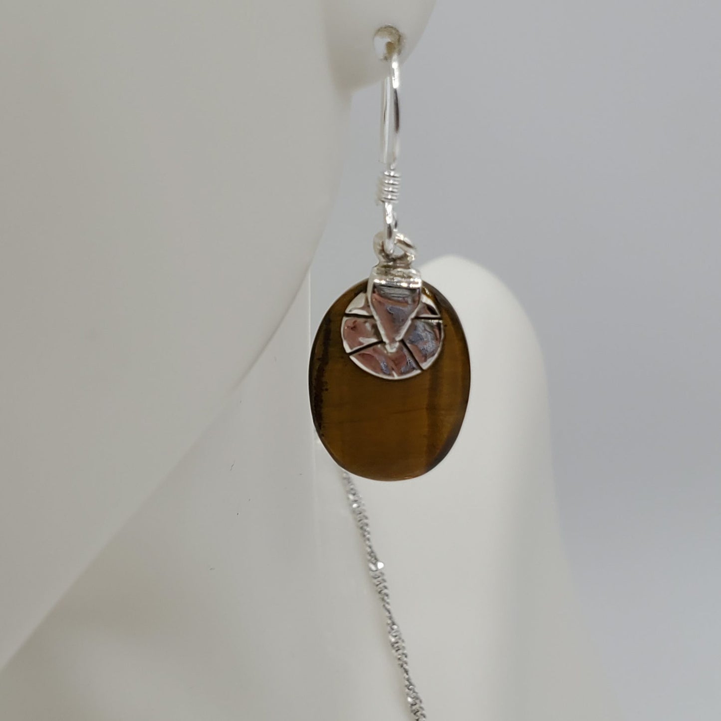 Oval Shaped Sterling Silver Tiger's Eye pendant and earrings set