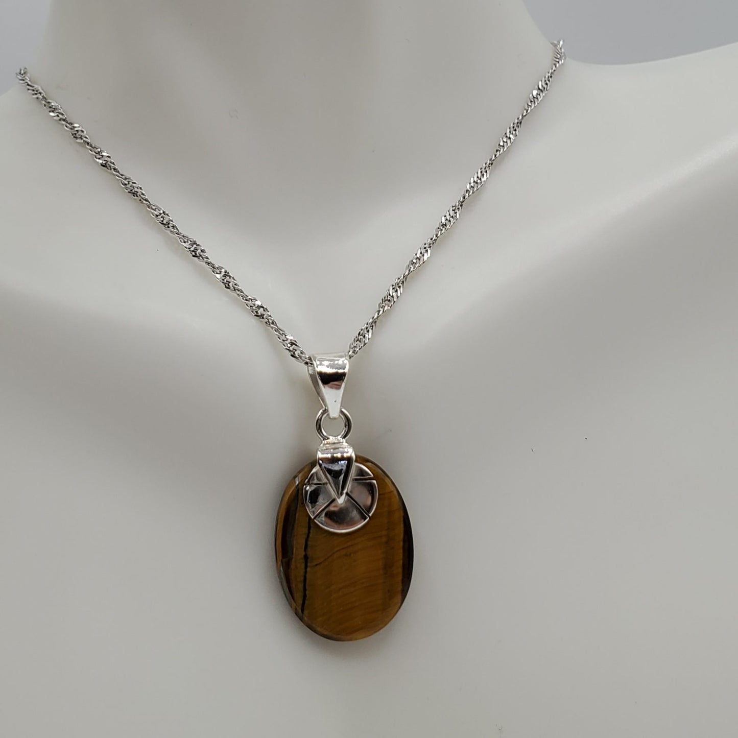 Oval Shaped Sterling Silver Tiger's Eye pendant and earrings set