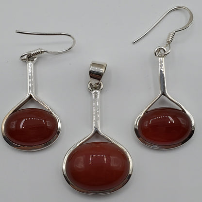 Sterling Silver Carnelian Oval shaped necklace and earring set