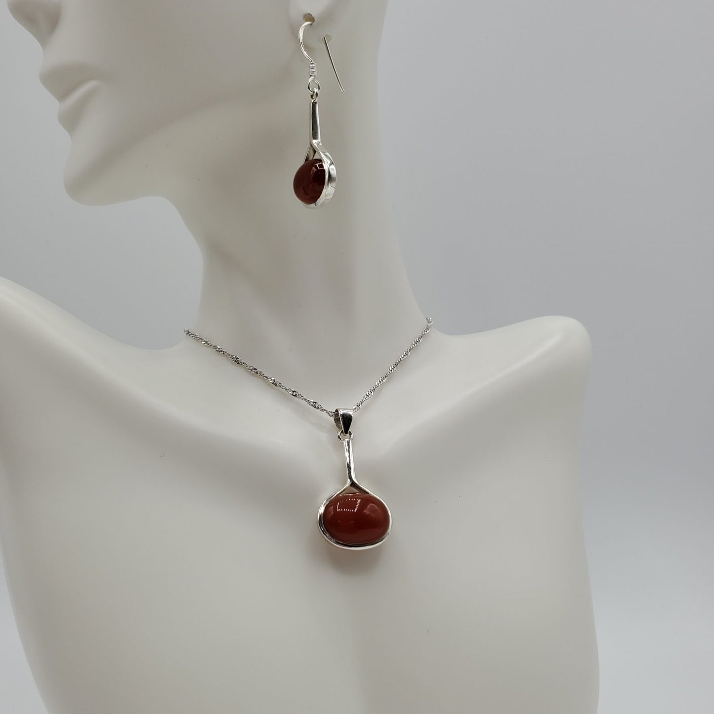 Sterling Silver Carnelian Oval shaped necklace and earring set