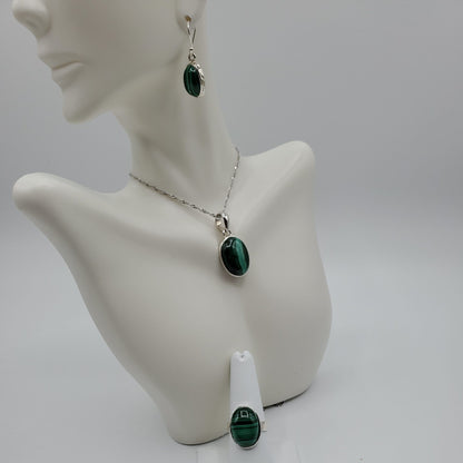 Sterling Silver Malachite Pendant, earring and ring set.