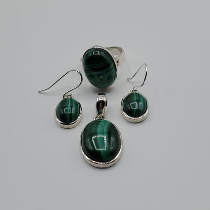 Sterling Silver Malachite Pendant, earring and ring set.