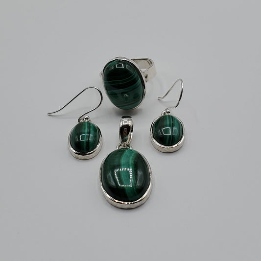 Sterling Silver Malachite Pendant, earring and ring set.