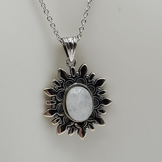 Natural Rainbow Moonstone Gem Flower Necklace with chain included