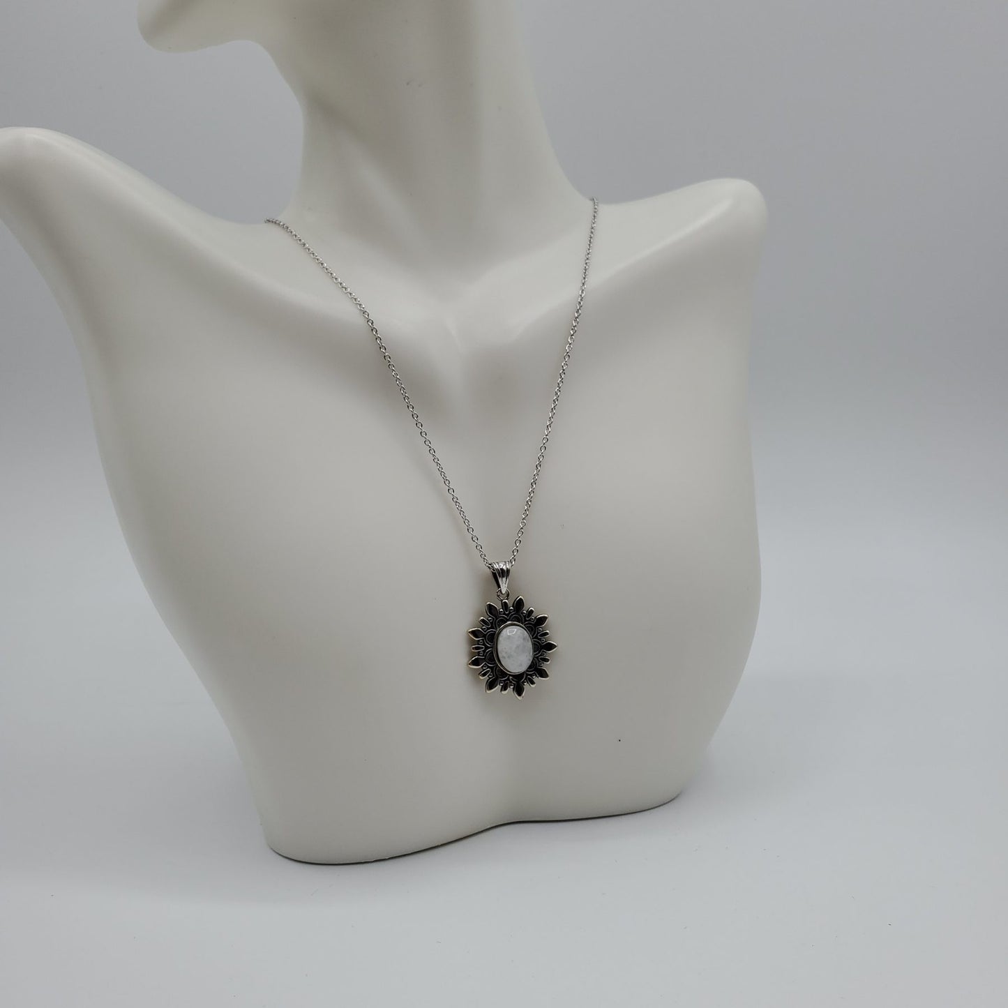 Natural Rainbow Moonstone Gem Flower Necklace with chain included