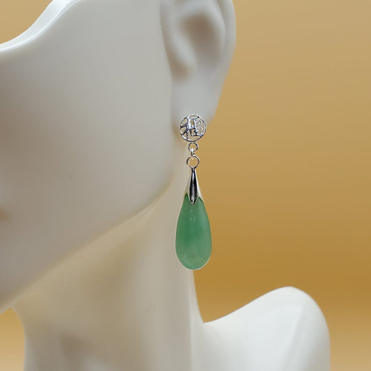 Green Jade Sterling Silver Drop Earrings.