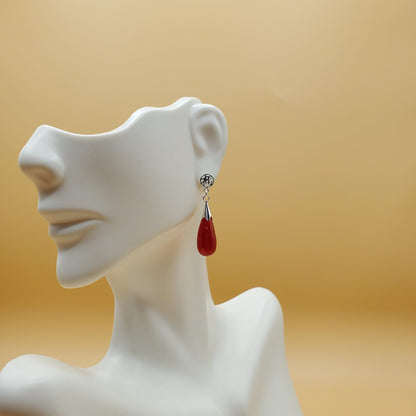 Rare Red Jade Sterling Silver Drop Earrings.