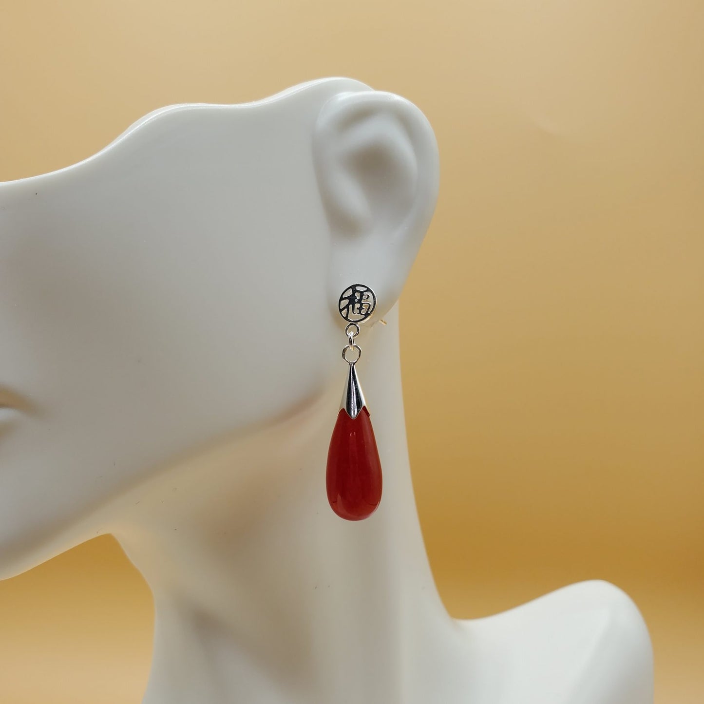 Rare Red Jade Sterling Silver Drop Earrings.