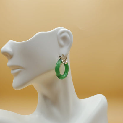 Green Jade Hoop Earring set with Sterling Silver accents