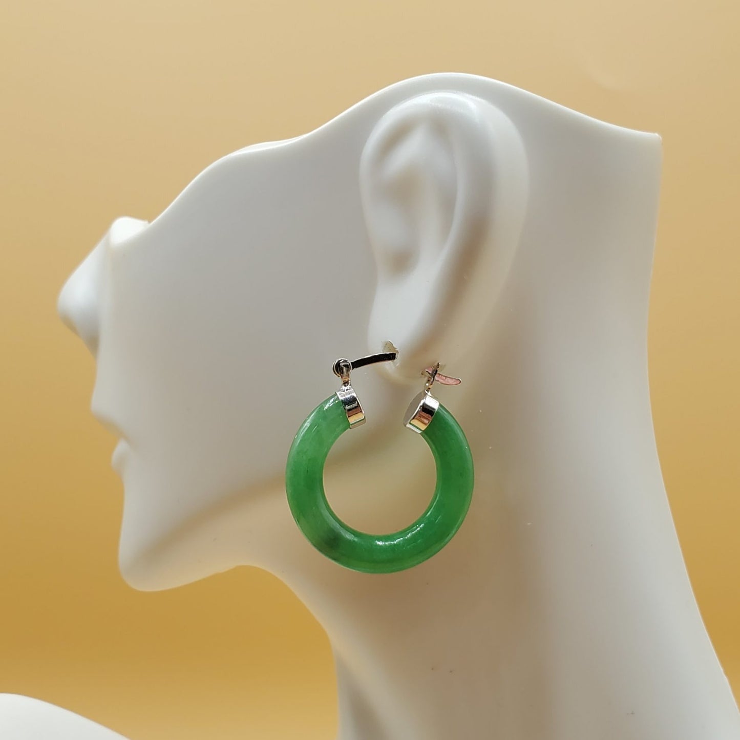 Green Jade Hoop Earring set with Sterling Silver accents