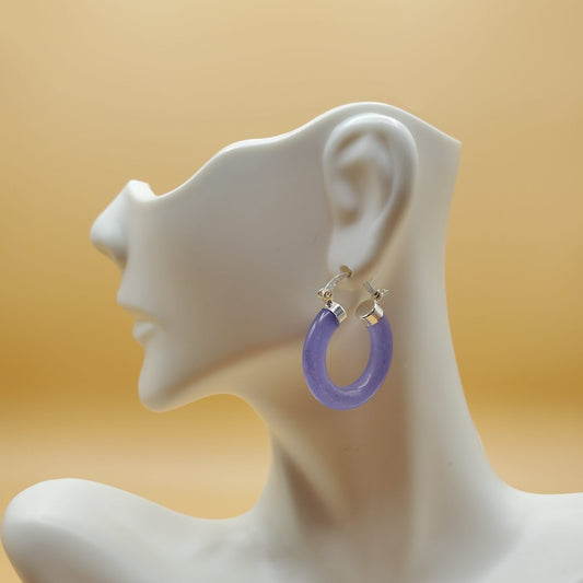 Extremely Rare Purple Jade hoop earring set accented with sterling silver