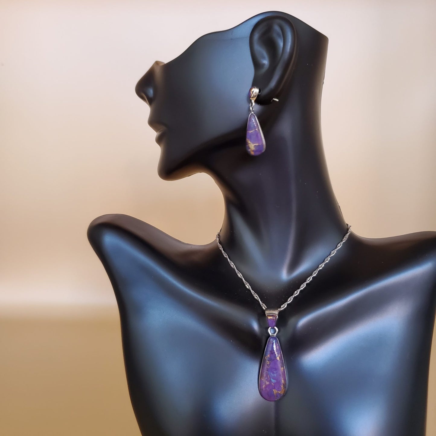 Purple Mohave Turquoise Teardrop Shaped Pendant and Earring Set